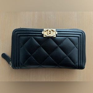 Caviar Quilted Boy Long Zip Around Wallet Black